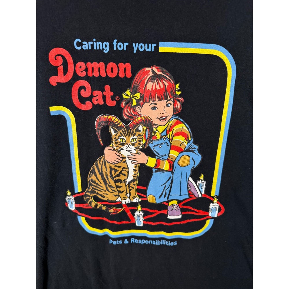Steven Rhodes Caring for your Demon Cat Black Graphic T-Shirt Large Mens L